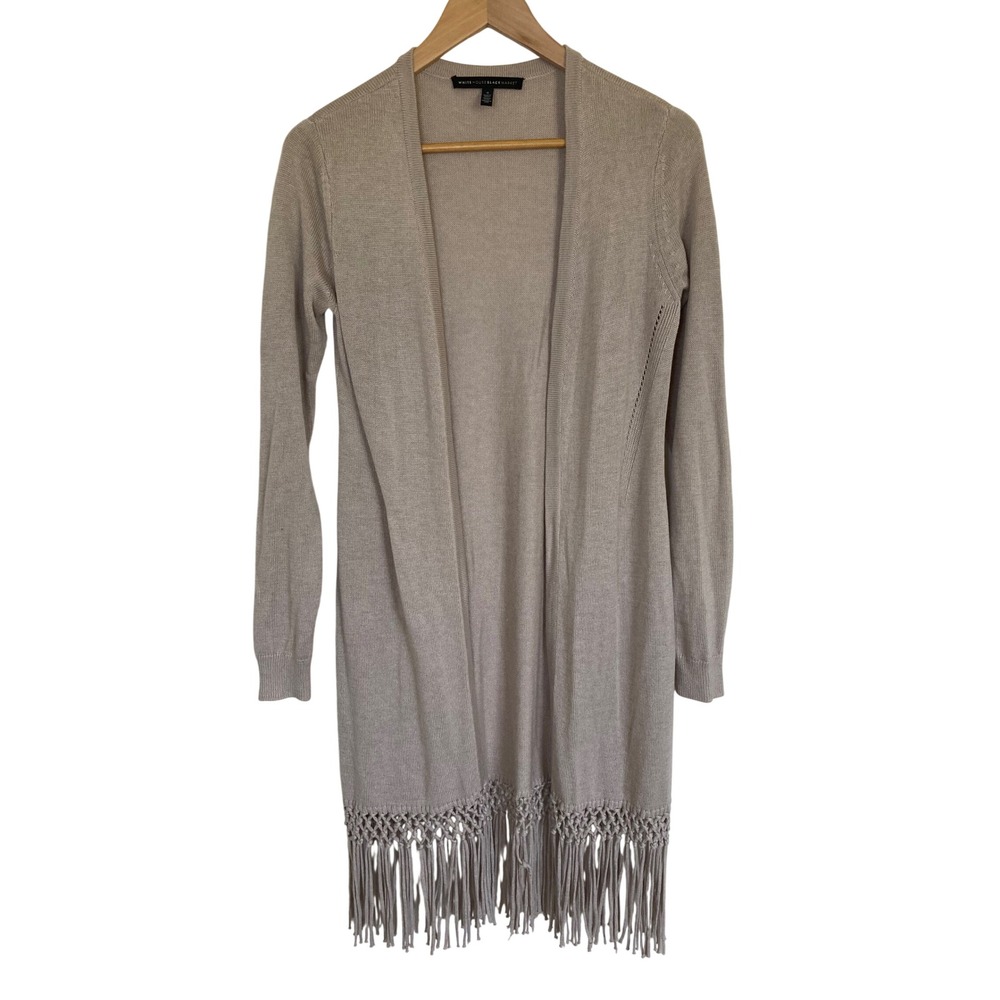 White House Black Market Beige Longline Fringe Duster Cardigan Sweater Small